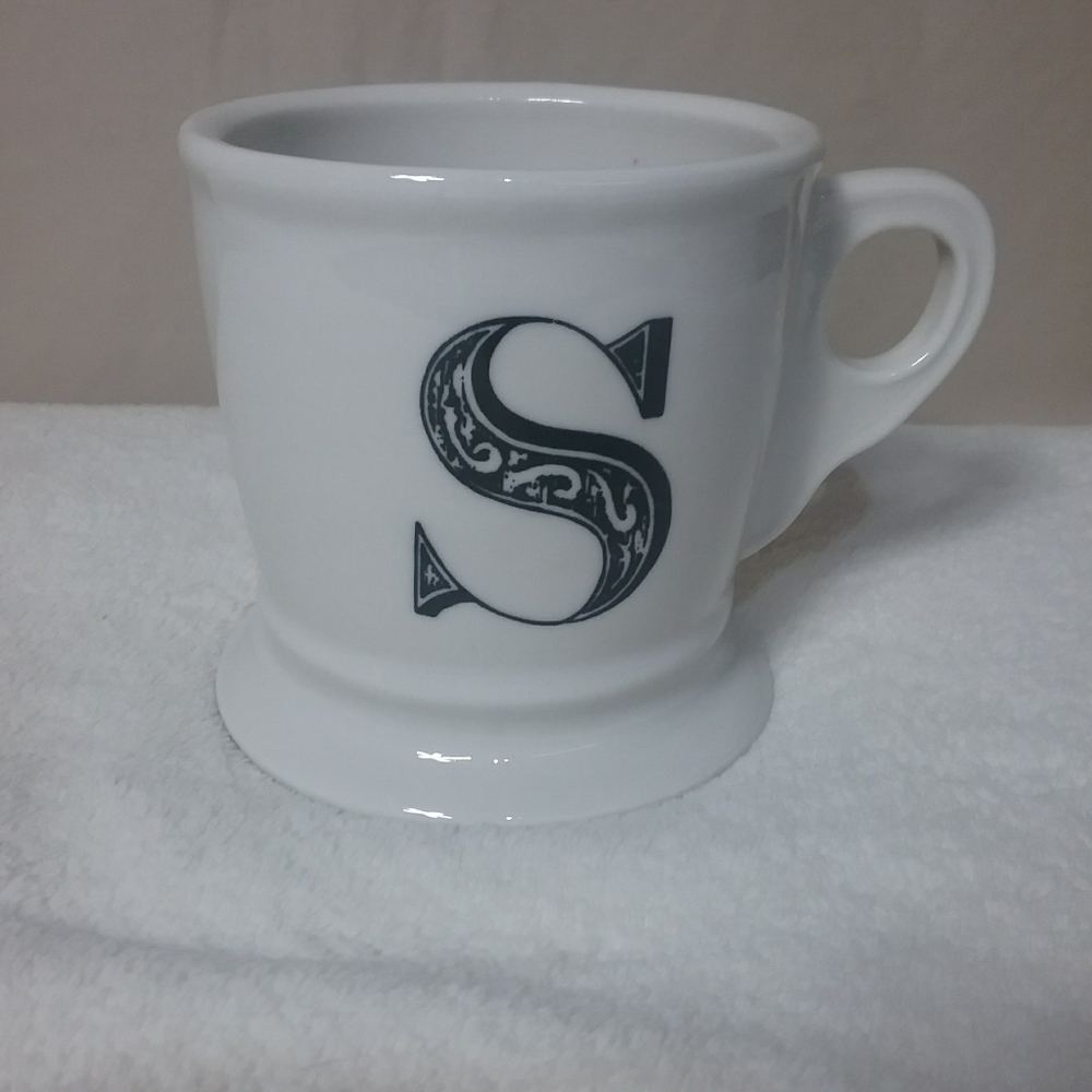 Anthropologie Letter S Initial Monogram Coffee Mug Shaving Cup Style black white